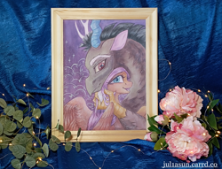 Size: 2868x2194 | Tagged: safe, artist:jsunlight, discord, fluttershy, draconequus, pegasus, pony, g4, auction, craft, duo, duo male and female, fairy lights, female, flower, hug, male, mare, open mouth, open smile, photo, picture frame, smiling, sparkly eyes, traditional art, watercolor painting, wingding eyes