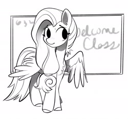 Size: 2202x2059 | Tagged: safe, artist:opalacorn, oc, oc only, pegasus, pony, chalkboard, female, grayscale, mare, monochrome, not fluttershy, one wing out, simple background, solo, white background, wings