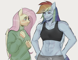 Size: 2504x1932 | Tagged: safe, artist:leonsken2, fluttershy, rainbow dash, pegasus, anthro, g4, abs, breasts, cleavage, clothes, duo, duo female, eyebrows, eyebrows visible through hair, female, height difference, lesbian, mare, midriff, muscles, narrowed eyes, rainbuff dash, ship:flutterdash, shipping, simple background, smiling, smirk, sports bra, sweater, sweatershy, white background