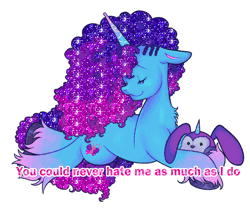 Size: 650x540 | Tagged: safe, artist:kreeeeeez, misty brightdawn, bunnycorn, pony, unicorn, g5, animated, caption, dissonant caption, eyes closed, female, floppy ears, gif, glitter, glitter gif, horn, lying down, mare, misty's comfort bunnycorn, plushie, rebirth misty, simple background, smiling, solo, sparkles, text, white background