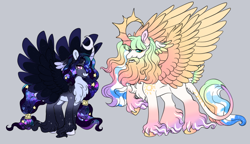 Size: 1280x738 | Tagged: safe, artist:malinraf1615, oc, oc only, alicorn, pony, augmented horn, beard, celestia and luna's father, celestia and luna's mother, chest fluff, cloud pattern, coat markings, colored hooves, colored horn, colored pinnae, colored wings, colored wingtips, crescent horn, curved horn, ethereal mane, ethereal tail, facial hair, facial markings, female, galaxy mane, galaxy tail, gradient horn, gradient legs, gradient wings, gray background, head wings, hooves, horizonsverse, horn, husband and wife, leonine tail, long feather, long fetlocks, male, male alicorn, male alicorn oc, moustache, multiple wings, pale belly, ponytail, previous generation, purple eyes, raised hoof, simple background, snip (coat marking), sparkly legs, sparkly mane, sparkly tail, sparkly wings, spiked horn, spread wings, standing, starry mane, starry tail, tail, tail feathers, teal eyes, unshorn fetlocks, wingding eyes, wings