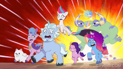 Size: 600x338 | Tagged: safe, screencap, alphabittle blossomforth, cloudpuff, misty brightdawn, pipp petals, queen haven, zipp storm, dog, flying pomeranian, frog, pegasus, pomeranian, pony, unicorn, g5, my little pony: tell your tale, swing and a misty, spoiler:g5, spoiler:my little pony: tell your tale, spoiler:tyts02e14, animated, bullfrog, camera, female, flying, giant frog, gifrun.com, horn, magic, male, mare, rainbow bullfrog, rebirth misty, running, running away, stallion, telekinesis, winged dog