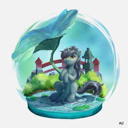 Size: 1450x1450 | Tagged: safe, artist:little_mouse, oc, oc only, unicorn, bridge, horn, leaf, lilypad, sitting, solo, water