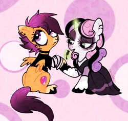 Size: 1070x1009 | Tagged: safe, artist:doodlesinky, scootaloo, sweetie belle, pegasus, pony, unicorn, g4, abstract background, alternate mane color, alternate tail color, big eyes, black hooves, black lipstick, blaze (coat marking), choker, clothes, coat markings, colored eartips, colored hooves, colored muzzle, cutie mark crusaders, dress, duo, duo female, dyed mane, dyed tail, ear piercing, earring, emo, eyebrow piercing, eyeshadow, facial markings, female, filly, foal, glazed, glowing, glowing horn, goth, gradient mane, gradient tail, green magic, hoof polish, hooves, horn, jewelry, lidded eyes, lip piercing, lipstick, looking at something, magic, makeup, mascara, nail polish, necklace, nose piercing, piercing, purple eyeshadow, septum piercing, shirt, short horn, signature, small wings, snake bites, socks (coat markings), spread wings, striped sleeves, tail, telekinesis, texture, two toned mane, two toned tail, unshorn fetlocks, wall of tags, wings