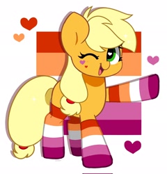 Size: 1962x2048 | Tagged: safe, artist:kittyrosie, part of a set, applejack, earth pony, pony, g4, blush lines, blushing, clothes, cute, female, floating heart, hair tie, heart, heart eyes, heart mark, jackabetes, lesbian pride flag, looking at you, mare, missing accessory, missing cutie mark, one eye closed, open mouth, open smile, passepartout, pointing, ponytail, pride, pride flag, pride month, pride socks, shadow, signature, simple background, smiling, smiling at you, socks, solo, sparkles, sparkly hair, standing, striped socks, tied hair, white background, wingding eyes, wink, winking at you