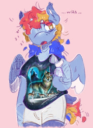 Size: 1437x1968 | Tagged: safe, artist:tottallytoby, rainbow dash, pegasus, pony, anthro, g4, alternate design, alternate eye color, alternate hairstyle, alternate mane color, alternate tail color, bags under eyes, beanbrows, blaze (coat marking), blue coat, blue hooves, blue wings, boyshorts, clothes, coat markings, colored, colored eartips, colored eyebrows, colored hooves, colored pinnae, colored wings, colored wingtips, dialogue, ear tufts, eye clipping through hair, eyebrows, eyebrows visible through hair, facial markings, female, funny shirt, hoof hands, hooves, lidded eyes, long mane, mare, messy mane, morning ponies, motion lines, onomatopoeia, panties, pink background, purple text, raised hand, shirt, short tail, shoulder fluff, simple background, sleepwear, small wings, solo, sound effects, spread wings, standing, t-shirt, tail, talking, text, three toned mane, three toned tail, tri-color mane, tri-color tail, tri-colored mane, tri-colored tail, tricolor mane, tricolor tail, tricolored mane, tricolored tail, two toned wings, underwear, white pupils, white wingtips, wings, yellow eyes, zzz