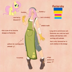 Size: 2048x2048 | Tagged: safe, artist:cryweas, fluttershy, human, pegasus, pony, g4, alternate hairstyle, apron, bandage, blushing, boots, clothes, cute, cyrillic, feather, female, gloves, headcanon, humanized, implied discord, implied discoshy, implied shipping, implied straight, jewelry, mare, overalls, pansexual, pansexual pride flag, pink background, pride, pride flag, reference sheet, ring, shoes, shyabetes, socks, solo, tank top, ukraine, ukrainian, wedding ring