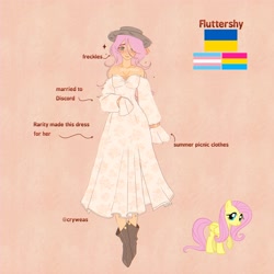 Size: 2048x2048 | Tagged: safe, artist:cryweas, fluttershy, human, pegasus, pony, g4, alternate hairstyle, blushing, boots, clothes, cute, cyrillic, dress, female, freckles, hat, humanized, implied discord, implied discoshy, implied rarity, implied shipping, jewelry, mare, necklace, pansexual, pansexual pride flag, pink background, pride, pride flag, reference sheet, shoes, shyabetes, solo, sun hat, trans female, trans fluttershy, transgender, transgender pride flag, ukraine, ukrainian
