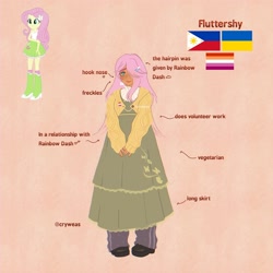 Size: 2048x2048 | Tagged: safe, artist:cryweas, fluttershy, human, pegasus, pony, g4, alternate hairstyle, boots, clothes, cute, cyrillic, dark skin, dress, female, filipino, flag of the philippines, hair over one eye, hairclip, headcanon, humanized, implied flutterdash, implied lesbian, implied rainbow dash, implied shipping, leg warmers, lesbian pride flag, mare, philippines, pink background, pride, pride flag, reference sheet, shoes, shyabetes, skirt, solo, sweater, sweatershy, ukraine, ukrainian
