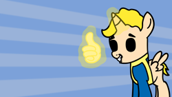 Size: 1920x1080 | Tagged: safe, artist:snowflakepone, pony, clothes, fallout, meme, ponified, ponified meme, smiling, solo, suit, sunburst background, thumbs up, vault boy, yellow hair