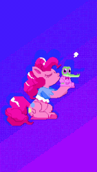 Size: 1012x1800 | Tagged: safe, artist:missing-elixir, gummy, pinkie pie, alligator, earth pony, pony, g4, animated, blinking, clothes, digital art, duo, female, gif, gradient background, heart, kissing, mare, pixel animation, pixel art, sitting