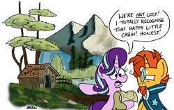 Size: 2108x1344 | Tagged: safe, artist:bobthedalek, starlight glimmer, sunburst, pony, unicorn, g4, atg 2024, bob ross, cabin, dialogue, duo, duo male and female, female, frown, hoof hold, horn, lost, male, map, mare, mountain, narrowed eyes, newbie artist training grounds, pointing, ship:starburst, shipping, speech bubble, stallion, straight, sunburst is not amused, unamused