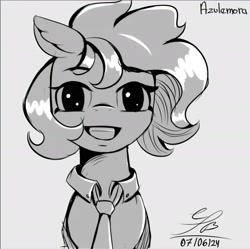 Size: 2740x2732 | Tagged: safe, artist:ch0c0sauri0, oc, oc only, earth pony, pegasus, album cover, black and white, bow, bust, clothes, doodle, eyelashes, eyeshadow, grayscale, hair bow, lineart, looking at you, makeup, minimalist, monochrome, original art, original character do not steal, pegasus oc, portrait, simple background, sketch, smiling, solo, song reference, suit, wip