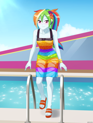 Size: 900x1200 | Tagged: safe, artist:riouku, rainbow dash, human, equestria girls, equestria girls specials, g4, my little pony equestria girls: spring breakdown, bare shoulders, blushing, braid, breasts, clothes, commission, commissioner:ajnrules, dress, feet, fingernails, humanized, looking at you, nails, ponytail, sandals, sleeveless, smiling, smiling at you, solo, swimming pool, toenails, toes, wet, wet clothes, wet dress