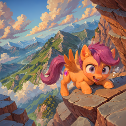 Size: 2048x2048 | Tagged: safe, ai assisted, ai content, artist:venisoncreampie, generator:pony diffusion v6 xl, generator:stable diffusion, scootaloo, pegasus, pony, g4, blushing, climbing, cloud, female, filly, foal, mountain, mountain range, open mouth, question mark, rock climbing, sky, solo, spread wings, sweat, wings