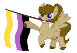 Size: 1395x957 | Tagged: safe, artist:katnekobase, artist:yeetmedownthestairs, oc, oc only, oc:doodles, pegasus, pony, base used, bisexual pride flag, commission, cute, face paint, grin, mouth hold, nonbinary, nonbinary pride flag, pride, pride flag, pride month, simple background, smiling, solo, transparent background, unshorn fetlocks, ych result