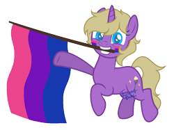 Size: 1289x962 | Tagged: safe, artist:katnekobase, artist:yeetmedownthestairs, oc, oc only, oc:hay meadow, pony, unicorn, base used, bisexual pride flag, commission, cute, face paint, female, grin, horn, mare, mouth hold, pride, pride flag, pride month, simple background, smiling, solo, transparent background, ych result