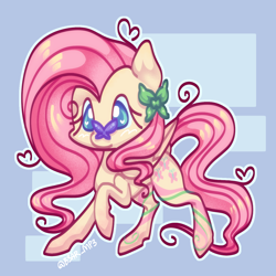 Size: 1280x1280 | Tagged: safe, artist:b3ar_mp3, fluttershy, butterfly, pegasus, pony, g4, abstract background, ahoge, blue background, blue eyes, blush scribble, blushing, butterfly on nose, chibi, coat markings, colored blushing, colored pupils, female, flutters, folded wings, heart, heart ahoge, heart eyes, insect on nose, mare, outline, pastel, raised hoof, solo, swirls, swirly markings, white outline, wingding eyes, wings