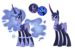 Size: 5418x3569 | Tagged: safe, artist:xxcheerupxxx, nightmare moon, twilight sparkle, oc, unnamed oc, alicorn, pony, g4, alicorn oc, body markings, coat markings, colored eyelashes, colored wings, colored wingtips, crown, curved horn, dappled, ethereal mane, ethereal tail, eyeshadow, female, folded wings, glowing, glowing mane, glowing tail, hoof shoes, horn, jewelry, magical lesbian spawn, makeup, mare, offspring, outline, parent:nightmare moon, parent:twilight sparkle, parents:twimoon, peytral, purple eyelashes, purple eyes, regalia, simple background, slender, solo, standing, starry mane, starry tail, tail, tall, thin, tiara, transparent background, twilight sparkle (alicorn), two toned wings, wings
