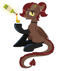 Size: 1044x1280 | Tagged: safe, artist:lullapiies, oc, oc only, oc:whiskey dreams, bat pony, bottle, clothes, horns, latex, latex socks, magic, simple background, socks, solo, white background