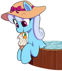 Size: 595x682 | Tagged: safe, artist:maretian, linky, shoeshine, earth pony, pony, g4, carrot, cute, female, food, hat, herbivore, ice cream, ice cream cone, licking, mare, partially submerged, simple background, smiling, solo, sun hat, swimming pool, tongue out, transparent background, water