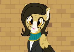 Size: 3165x2214 | Tagged: safe, artist:badumsquish, derpibooru exclusive, oc, oc only, oc:sourpuss, cheetah, sphinx, blaze (coat marking), bricks, clothes, coat markings, dork, ear fluff, egyptian, eyeshadow, facial markings, female, folded wings, freckles, head tilt, jewelry, lawyer, looking at you, makeup, missing accessory, necklace, open mouth, open smile, photogenic cheetah, ponified animal photo, ponified photo, pyramid, sharp teeth, shirt, show accurate, smiling, solo, sphinx oc, spots, suit, teeth, wings