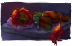 Size: 2634x1712 | Tagged: safe, artist:some_ponu, oc, oc only, oc:fallen leaf, kirin, bed, bt-7274, digital art, eyebrows, eyes closed, high res, kirin oc, lying down, male, mattress, on bed, on side, pillow, plushie, signature, sleeping, smiling, solo, titanfall, titanfall 2