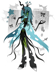 Size: 1997x2570 | Tagged: safe, artist:budweiset, part of a set, queen chrysalis, changeling, changeling queen, demon, anthro, unguligrade anthro, g4, cape, clothes, colored sclera, colored teeth, demonized, evening gloves, eyeshadow, female, gloves, green teeth, grin, hellaverse, long gloves, looking at you, makeup, mare, passepartout, sharp teeth, simple background, skirt, smiling, solo, species swap, standing, teal sclera, teal teeth, teeth, thick eyelashes, white background