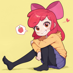 Size: 2048x2048 | Tagged: artist needed, prompter needed, safe, ai assisted, ai content, apple bloom, human, g4, adorabloom, apple, black socks, blushing, clothes, cute, feet, food, grin, heart, hoodie, humanized, looking at you, simple background, sitting, skirt, smiling, socks, solo, speech bubble, stocking feet, tights, yellow background