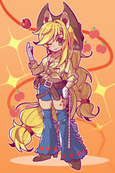 Size: 1200x1800 | Tagged: safe, artist:tamari, applejack, human, g4, cutie mark background, female, gradient background, humanized, solo