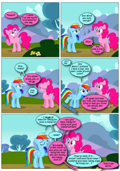 Size: 868x1230 | Tagged: safe, artist:dziadek1990, edit, edited screencap, screencap, pinkie pie, rainbow dash, g4, too many pinkie pies, bait and switch, comic, conversation, dialogue, innocent, prank, screencap comic, text, wholesome