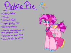 Size: 2048x1542 | Tagged: safe, artist:femurthechangeling, pinkie pie, pegasus, pony, g4, alternate cutie mark, alternate hairstyle, alternate universe, autism, autism spectrum disorder, balloon, beads, braided bun, bun hairstyle, colored hooves, colored wings, cutie mark, female, fluffy hair, folded wings, gray background, hooves, implied maud pie, jewelry, looking at you, mare, multicolored hooves, multicolored wings, necklace, neurodivergent, open mouth, open smile, pegasus pinkie pie, poofy hair, race swap, raised hoof, reference sheet, signature, simple background, smiling, solo, species swap, spotted, unshorn fetlocks, vitiligo, wall of tags, wings
