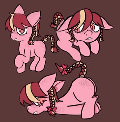 Size: 978x995 | Tagged: safe, artist:psychorut, oc, oc only, oc:strawberry twist, earth pony, pony, g4, braces, braid, braided tail, face down ass up, female, filly, floppy ears, foal, raised hoof, solo, tail