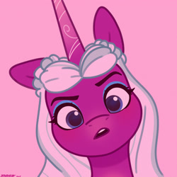 Size: 2480x2480 | Tagged: safe, artist:starburstuwu, opaline arcana, alicorn, pony, g5, bust, confused, cute, eyebrows, eyeshadow, female, frown, head tilt, high res, looking at you, makeup, mare, one ear down, opalinebetes, open mouth, pink background, signature, simple background, solo