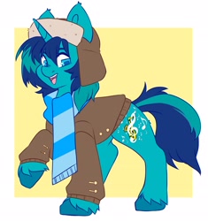 Size: 2708x2884 | Tagged: safe, artist:cheekipone, oc, oc only, oc:rocky blues, unicorn, clothes, coat, commissioner:legionofblues, hat, horn, male, scarf, solo, stallion, striped scarf, winter hat, winter outfit