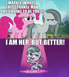 Size: 1920x2160 | Tagged: safe, edit, edited screencap, screencap, marble pie, octavio pie, pinkie pie, earth pony, pony, g4, g4.5, my little pony: pony life, pie vs. pie, the maud couple, angry, bipedal, caption, confused, female, image macro, male, marble pie is not amused, mare, smiling, stallion, text, trio, unamused