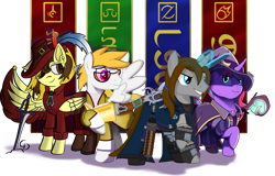 Size: 3528x2253 | Tagged: safe, artist:countderpy, artist:morrigun, artist:psychicwalnut, artist:stardust-rebellion, artist:twiny dust, derpibooru exclusive, oc, oc only, oc:countess sweet bun, oc:dust, oc:lightpoint, pegasus, pony, unicorn, ammunition belt, banner, base used, black mage, book, cloak, clothes, coat, collaboration, ear piercing, earring, female, final fantasy, glasses, glowing, glowing horn, group, gunblade, gunbreaker, hairband, hat, heterochromia, horn, jacket, jewelry, magic, male, mare, necklace, one wing out, pegasus oc, piercing, quartet, raised hoof, red mage, scholar, shoes, signature, simple background, smiling, smirk, spread wings, staff, stallion, sword, telekinesis, transparent background, trenchcoat, unicorn oc, weapon, wings