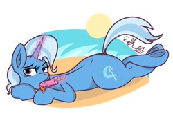 Size: 1100x726 | Tagged: safe, artist:erynerikard, trixie, pony, unicorn, g4, 2021, beach, commission, crossed legs, female, food, glowing, glowing horn, heart, heart eyes, horn, lying down, magic, magic aura, mare, ocean, popsicle, prone, raised tail, sand, signature, solo, sploot, suggestive eating, sun, tail, telekinesis, tongue out, underhoof, water, wingding eyes