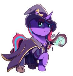 Size: 3856x4024 | Tagged: safe, artist:morrigun, oc, oc only, pony, unicorn, black mage, cloak, clothes, eyes open, female, final fantasy, hat, heterochromia, horn, jewelry, mare, necklace, purple coat, raised hoof, shoes, signature, simple background, solo, staff, standing, transparent background, unicorn oc, weapon