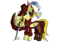 Size: 1920x1080 | Tagged: safe, artist:countderpy, oc, oc only, oc:countess sweet bun, pegasus, pony, clothes, ear piercing, earring, eyes open, female, final fantasy, hat, jewelry, mare, one wing out, pegasus oc, piercing, red mage, shoes, simple background, solo, standing, sword, transparent background, weapon, wings