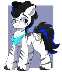 Size: 1260x1458 | Tagged: safe, artist:cinnamontee, oc, oc:louie hooferson, earth pony, zebra, bandana, commissioner:legionofblues, cowboy hat, hat, hybrid oc, zebra stripes