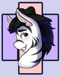 Size: 792x994 | Tagged: safe, artist:mscolorsplash, oc, oc:louie hooferson, earth pony, zebra, blushing, bust, commissioner:legionofblues, cowboy hat, hat, portrait, zebra stripes