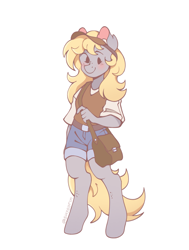 Size: 1545x2048 | Tagged: safe, artist:shysorin, derpy hooves, pegasus, anthro, unguligrade anthro, g4, bag, belt, blushing, clothes, colored pinnae, cute, denim, denim shorts, derpabetes, dot eyes, ear fluff, female, freckles, hat, holding, leg freckles, looking at you, mailbag, mailmare, mare, no sclera, satchel, shorts, signature, simple background, smiling, smiling at you, solo, standing, sweater vest, visor cap, white background