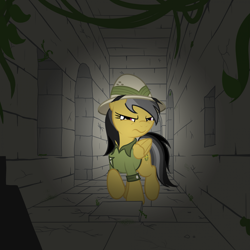 Size: 1919x1919 | Tagged: safe, artist:nitei, daring do, pegasus, pony, g4, atg 2024, clothes, dark, exploring, frown, hallway, hat, moss, newbie artist training grounds, ruins, shirt, solo, squint, trap (device), tunnel, vine, walking, wavy mouth, window