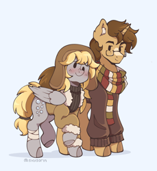 Size: 1874x2048 | Tagged: safe, artist:shysorin, derpy hooves, doctor whooves, time turner, pegasus, pony, unicorn, g4, alternate clothes, alternate design, bandage, bandaged leg, bangs, black sweater, blaze (coat marking), blushing, bomber jacket, brown hooves, clothes, coat, coat markings, colored ear fluff, colored hooves, derp, dot eyes, duo, duo male and female, ear fluff, eyebrows, eyebrows visible through hair, facial markings, female, folded wings, fourth doctor's scarf, freckles, glasses, gray hooves, hairband, hat, height difference, hooves, horn, jacket, male, mare, race swap, raised hoof, raised leg, scarf, shadow, shiny mane, shiny tail, ship:doctorderpy, shipping, simple background, smiling, stallion, standing, straight, striped scarf, sweater, tail, tied tail, turtleneck, turtleneck sweater, unicorn doctor whooves, ushanka, wall of tags, white background, wings, winter clothes
