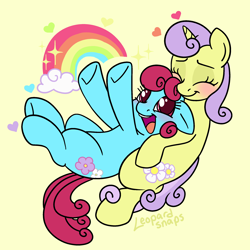 Size: 2400x2400 | Tagged: safe, artist:leopardsnaps, bluebonnet, sunshine petals, earth pony, pony, unicorn, g4, background pony, blushing, cuddling, duo, eyes closed, female, heart, hooves in air, horn, lesbian, looking at someone, looking up, lying down, mare, on back, rainbow, scene interpretation, ship:sunbonnet, shipping, signature, simple background, smiling, sparkles, yellow background