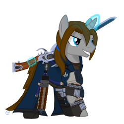 Size: 3372x3372 | Tagged: safe, artist:twiny dust, oc, oc only, oc:dust, pony, unicorn, ammunition, ammunition belt, armor, clothes, final fantasy, final fantasy xiv, gunblade, gunbreaker, hairband, horn, levitation, magic, male, ponytail, raised hoof, simple background, sky, smiling, smirk, solo, stallion, telekinesis, transparent background, trenchcoat, unicorn oc