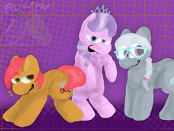 Size: 2160x1620 | Tagged: safe, artist:felixmcfurry, babs seed, diamond tiara, silver spoon, earth pony, pony, g4, female, foal, glasses, patterned background, shading, smiling, trio, trio female, watermark