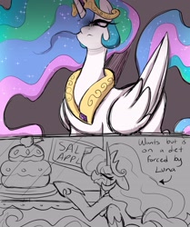 Size: 2342x2805 | Tagged: safe, artist:chilif, princess celestia, alicorn, pony, g4, cake, cakelestia, celestia is not amused, crown, crying, eyebrows, eyebrows visible through hair, eyes closed, female, food, frown, high res, hoof shoes, jewelry, mare, peytral, regalia, sad, serious, serious face, solo, unamused