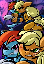 Size: 757x1116 | Tagged: safe, artist:chilif, applejack, rainbow dash, earth pony, pegasus, pony, g4, blushing, clothes, dragon ball, dragon ball z, duo, duo female, female, parody